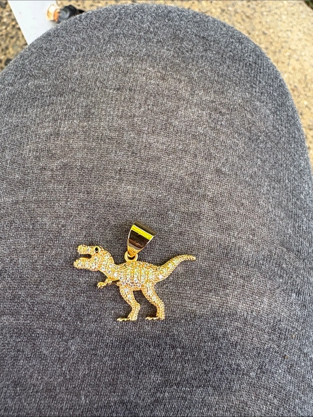 Kids Gold Dinosaur Charm Pendant - Sparkling T-Rex Accent